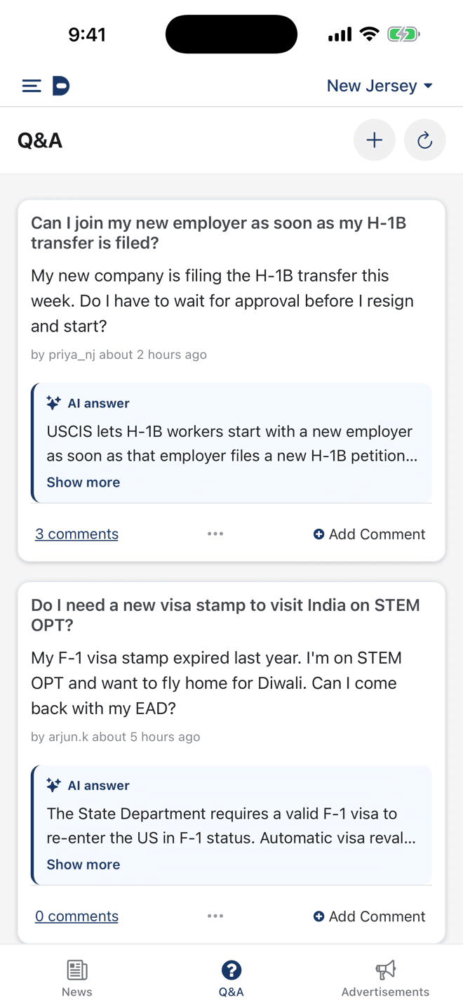 DeshFeed Q&A list with questions about H-1B transfers and STEM OPT travel, each with an AI answer