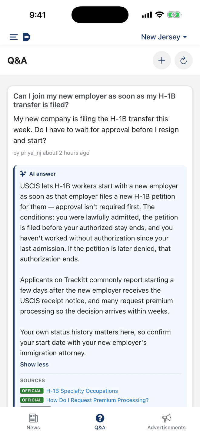 An expanded AI answer about H-1B portability with official USCIS sources listed