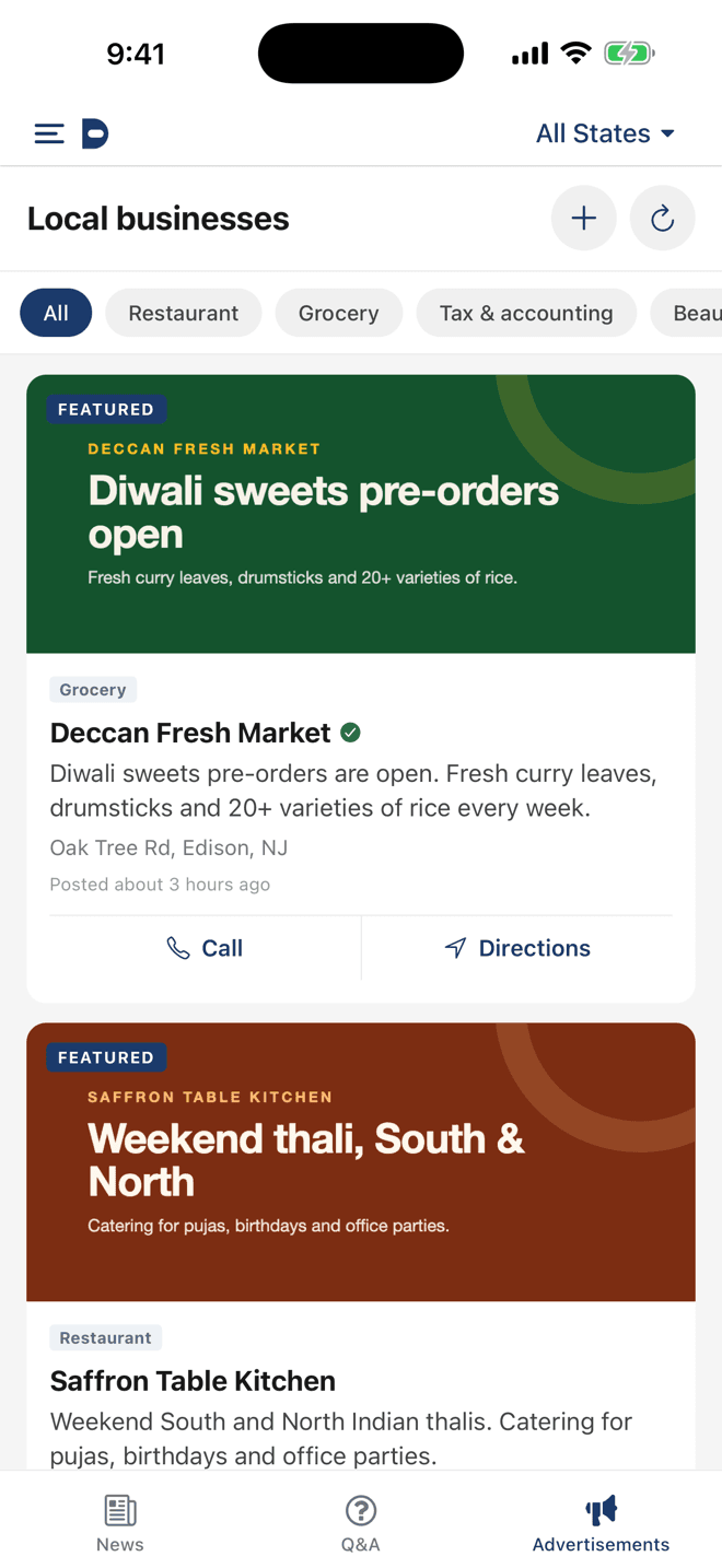 Local businesses directory showing featured grocery and restaurant listings